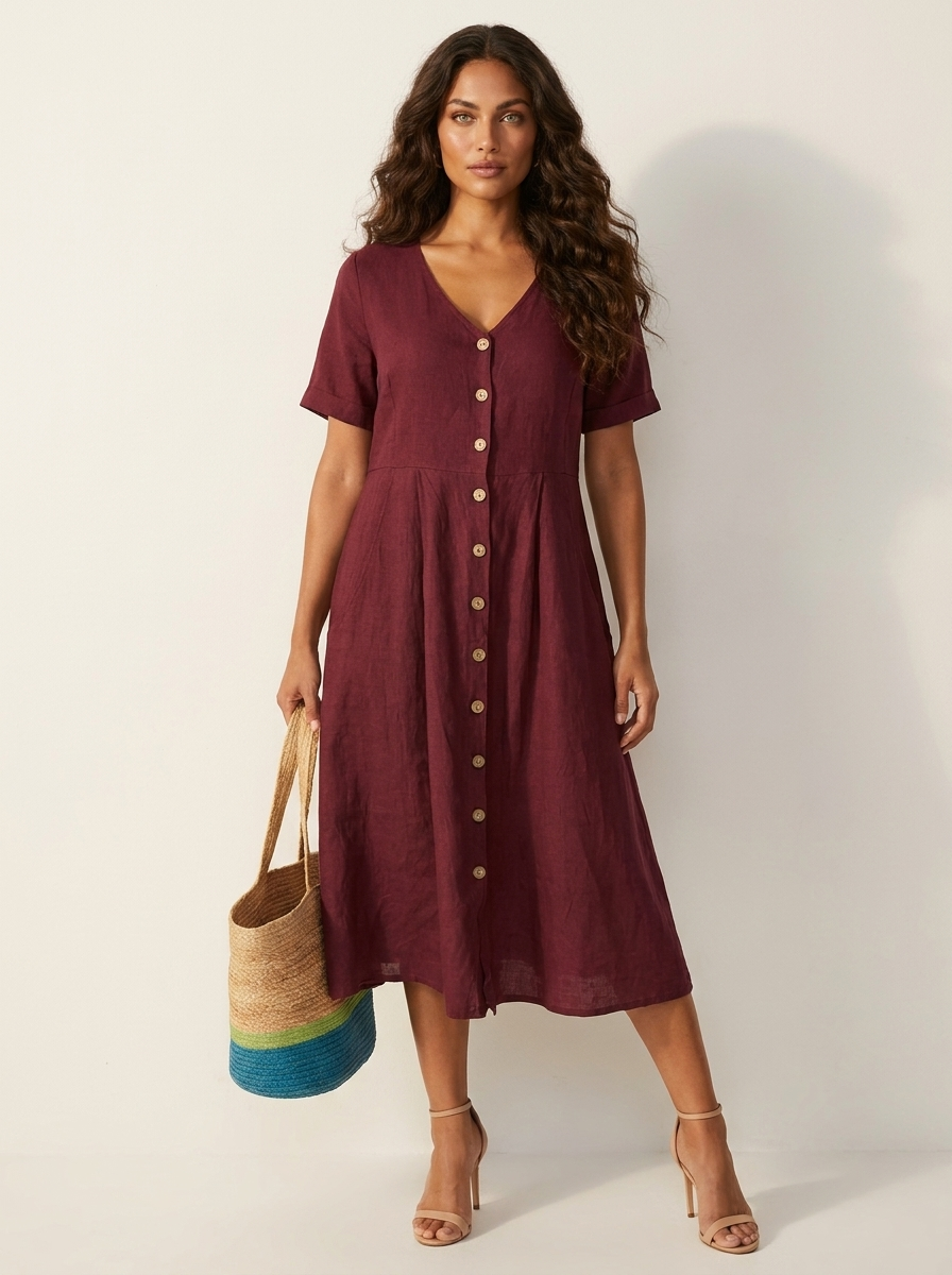 V-Neck Button-Front Midi Dress for Women | Summer Casual