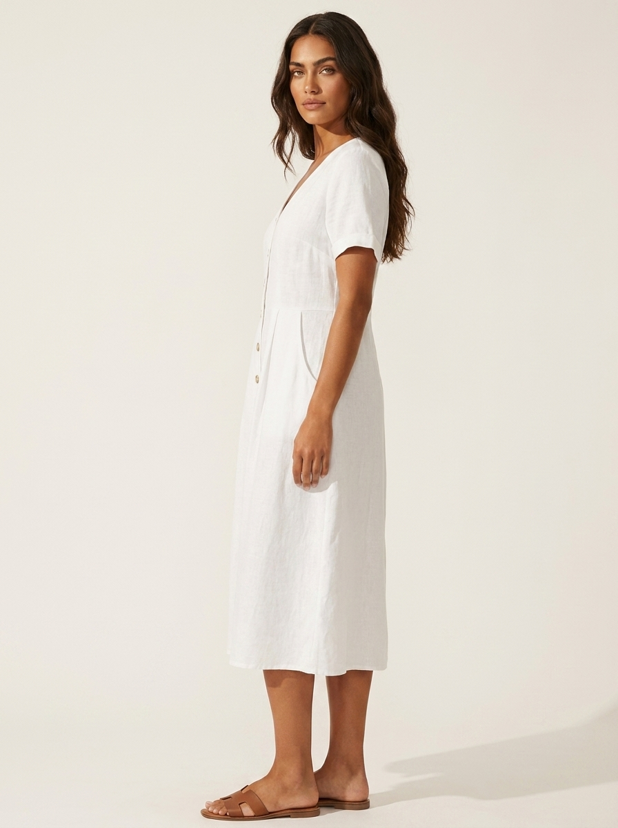 V-Neck Button-Front Midi Dress for Women | Summer Casual