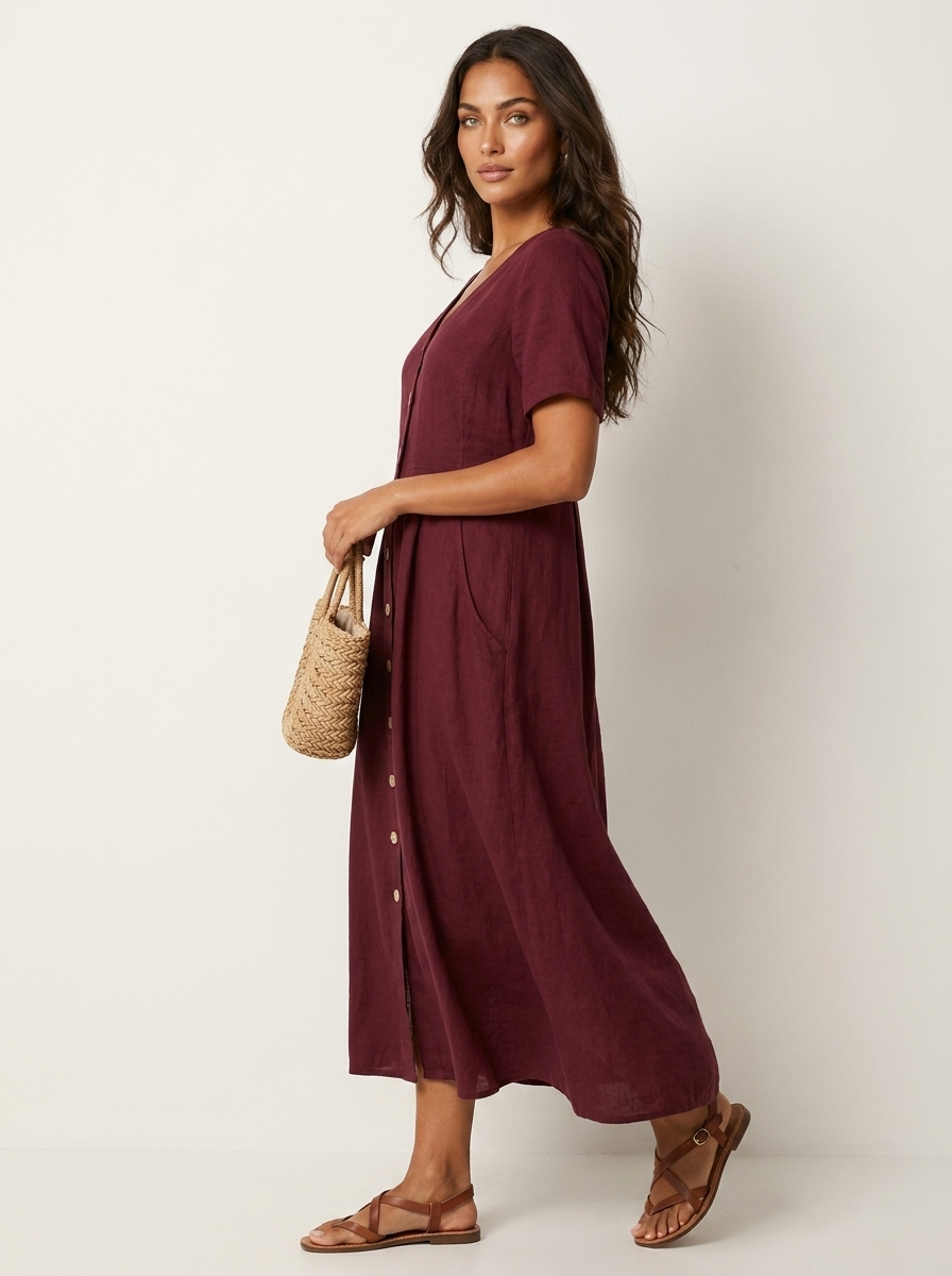 V-Neck Button-Front Midi Dress for Women | Summer Casual