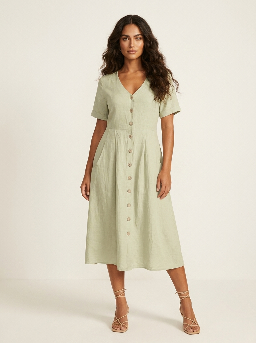 V-Neck Button-Front Midi Dress for Women | Summer Casual