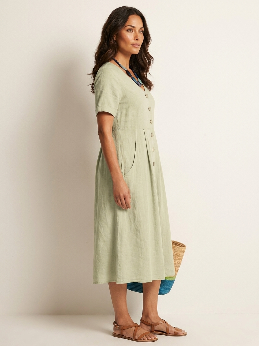 V-Neck Button-Front Midi Dress for Women | Summer Casual
