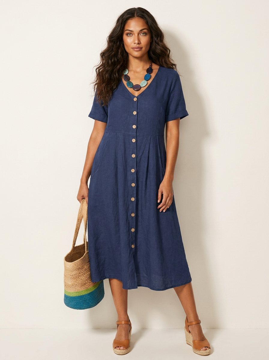 V-Neck Button-Front Midi Dress for Women | Summer Casual