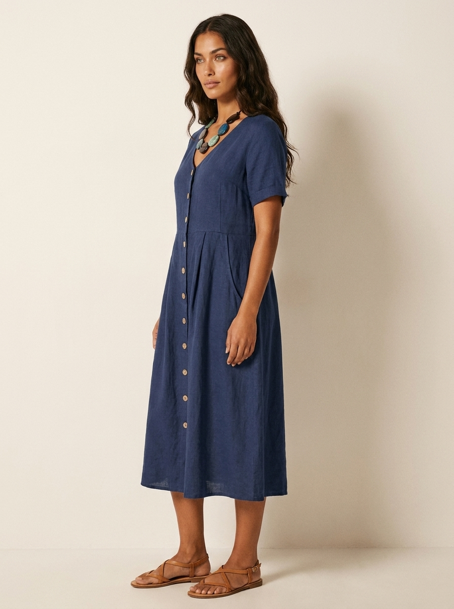 V-Neck Button-Front Midi Dress for Women | Summer Casual