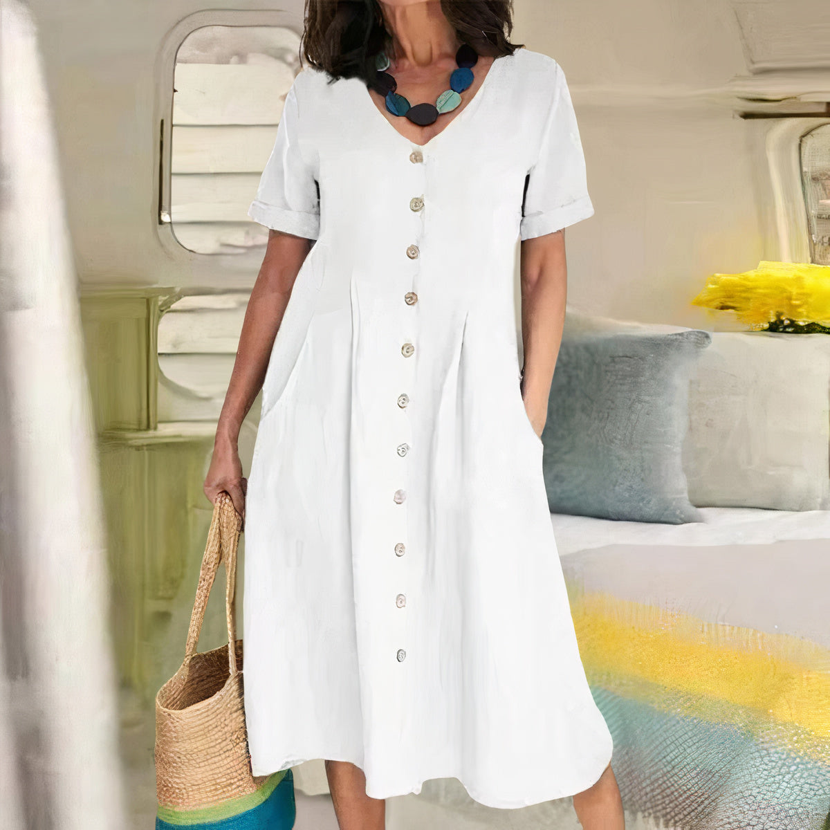 V-Neck Button-Front Midi Dress for Women | Summer Casual