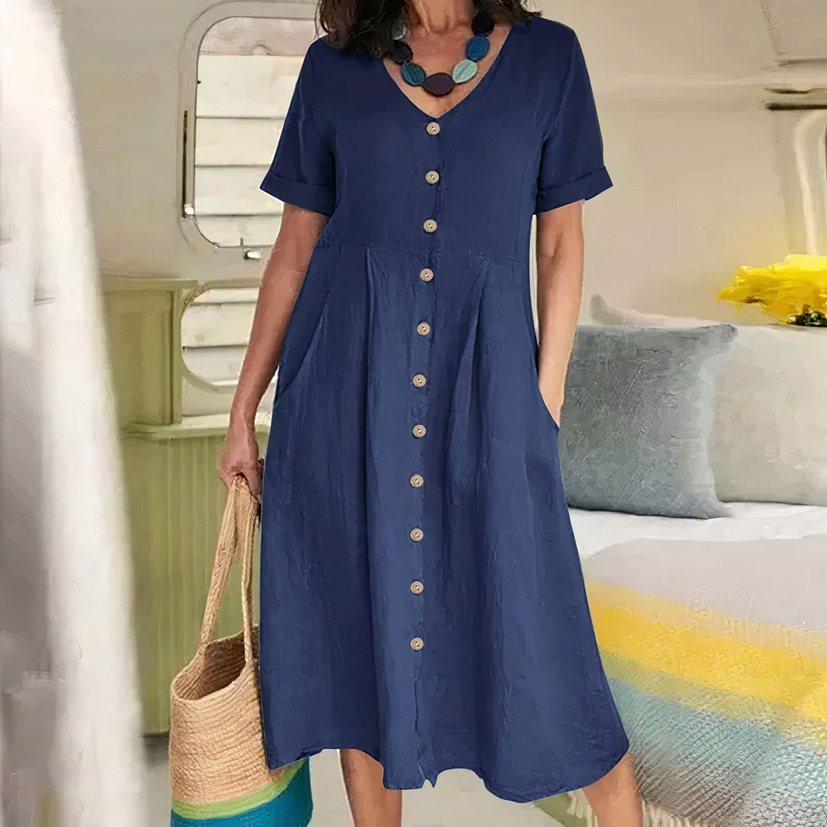 V-Neck Button-Front Midi Dress for Women | Summer Casual