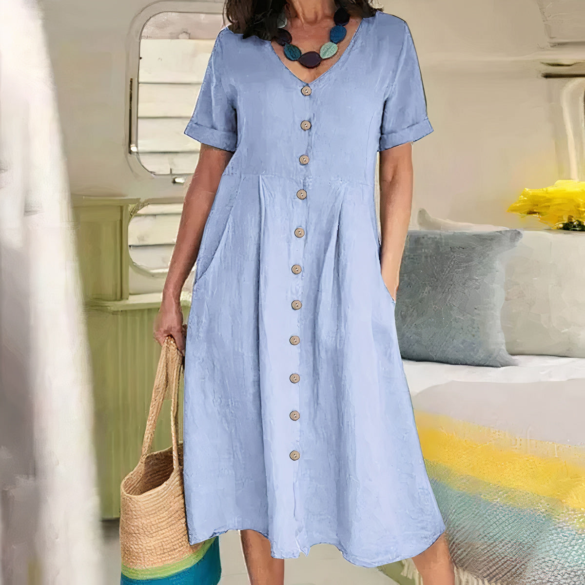 V-Neck Button-Front Midi Dress for Women | Summer Casual