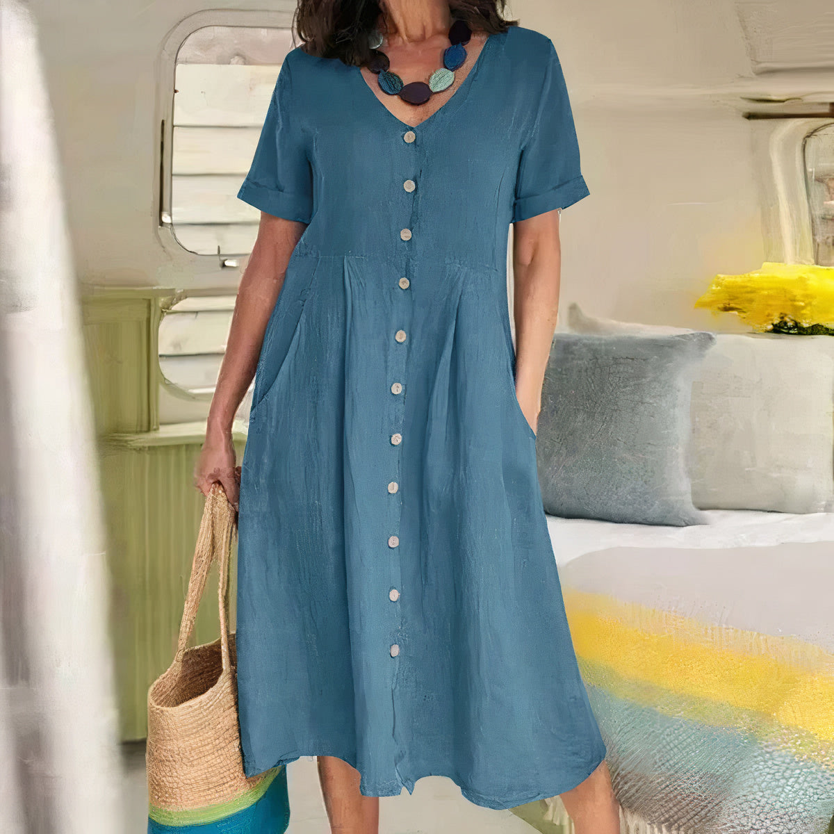 V-Neck Button-Front Midi Dress for Women | Summer Casual