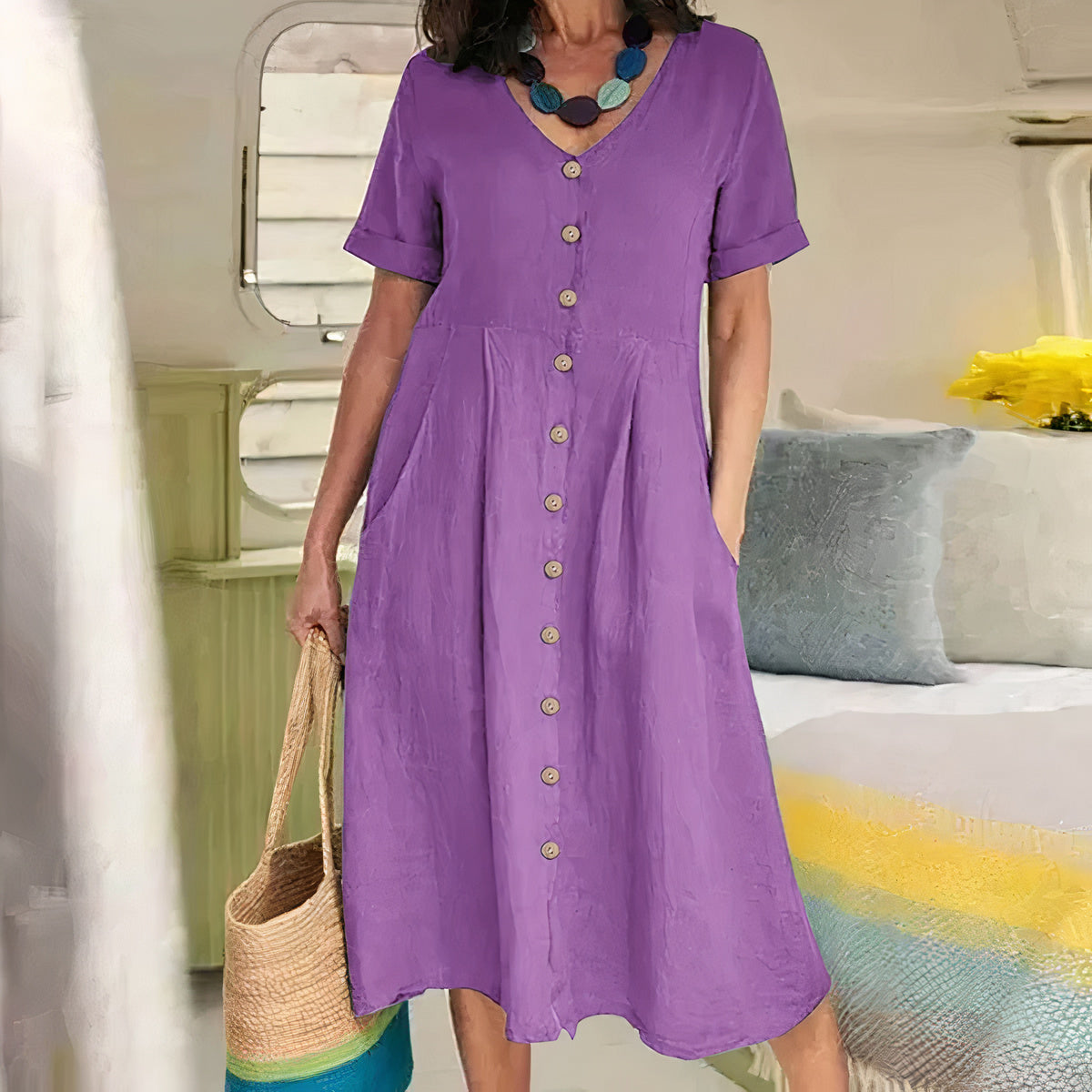 V-Neck Button-Front Midi Dress for Women | Summer Casual