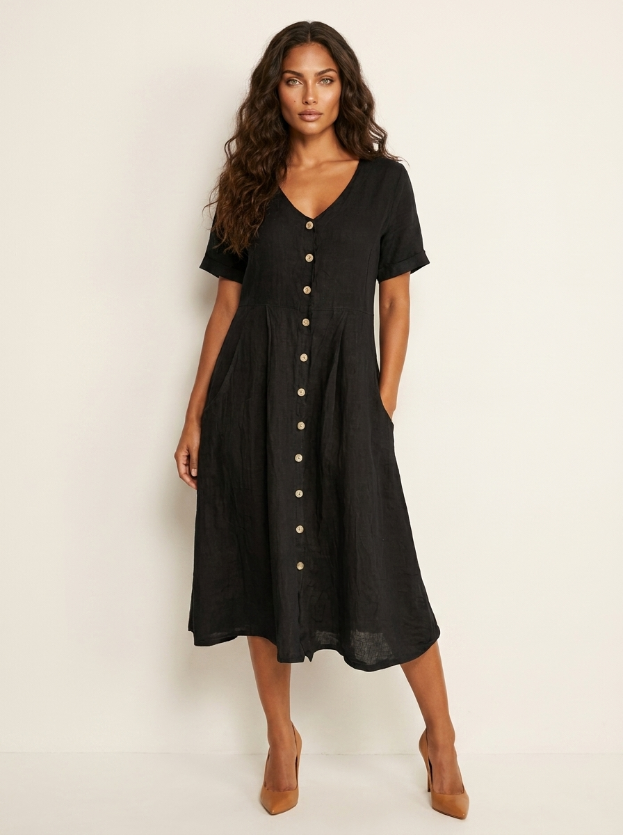 V-Neck Button-Front Midi Dress for Women | Summer Casual