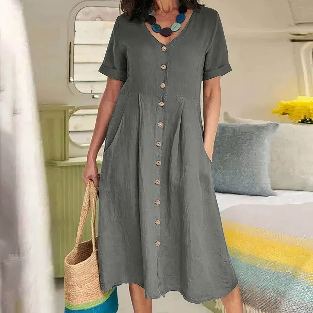 V-Neck Button-Front Midi Dress for Women | Summer Casual