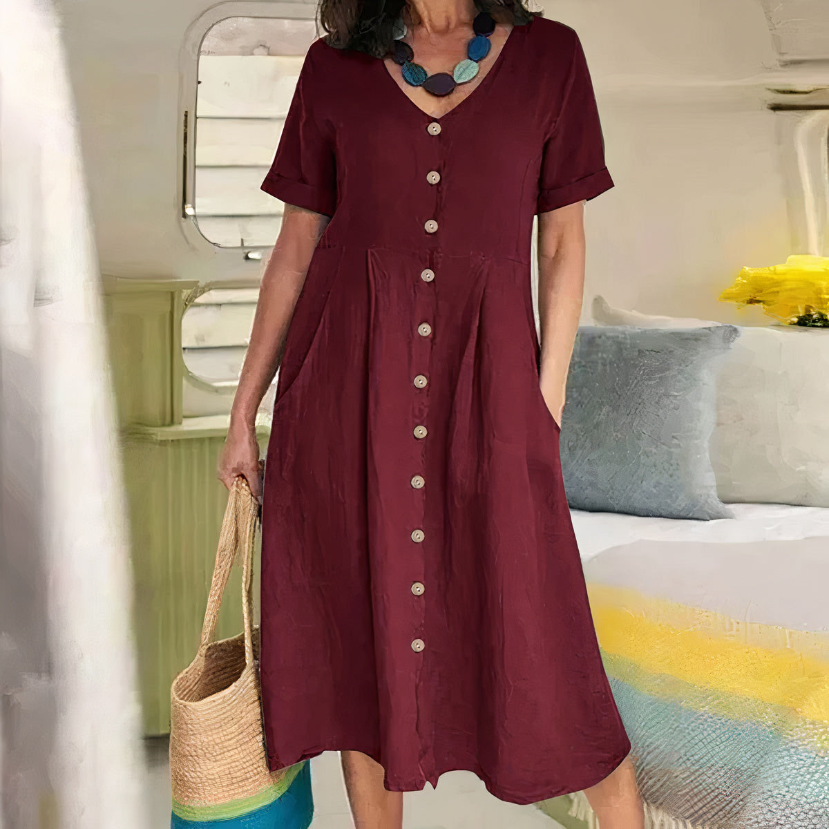 V-Neck Button-Front Midi Dress for Women | Summer Casual