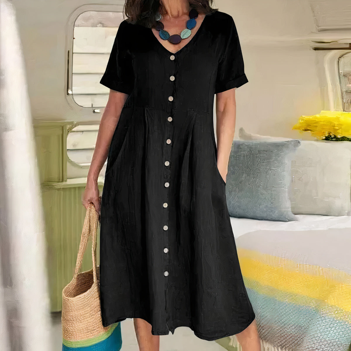 V-Neck Button-Front Midi Dress for Women | Summer Casual