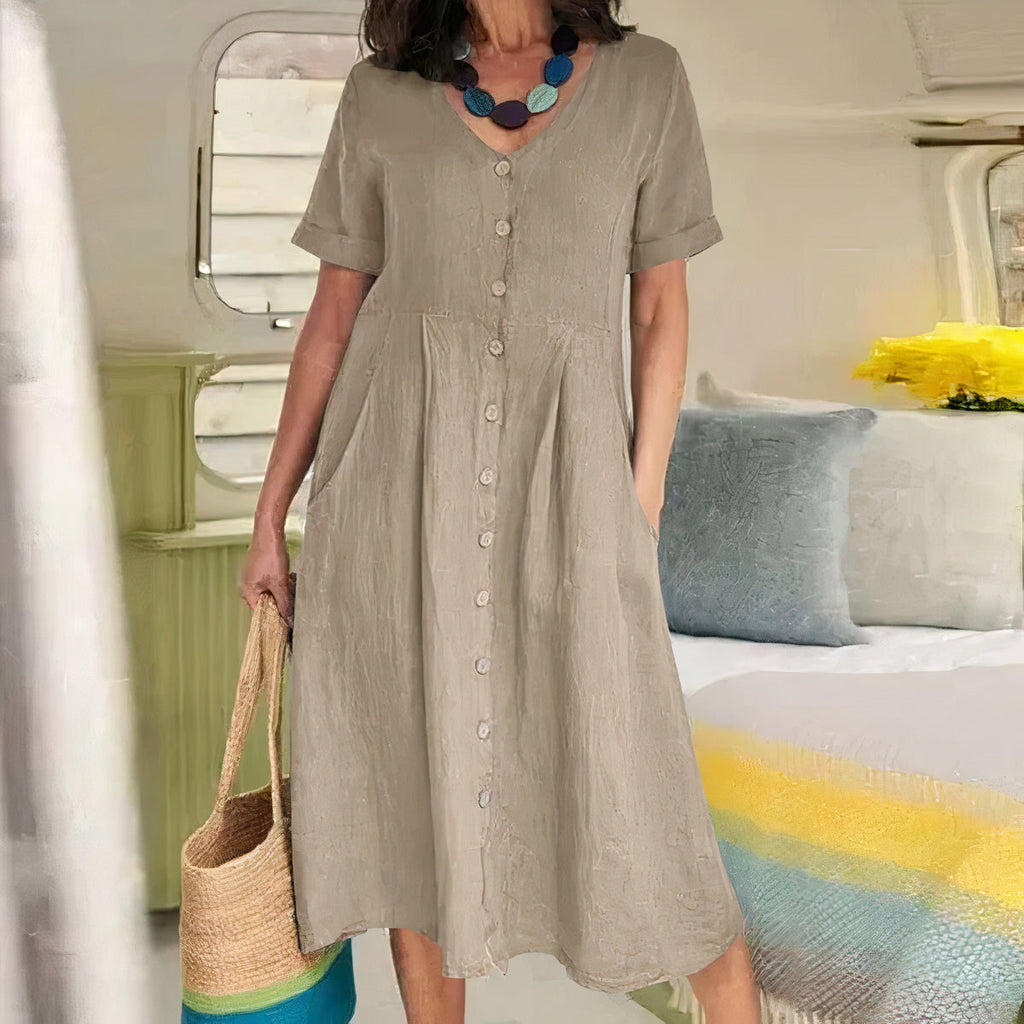 V-Neck Button-Front Midi Dress for Women | Summer Casual