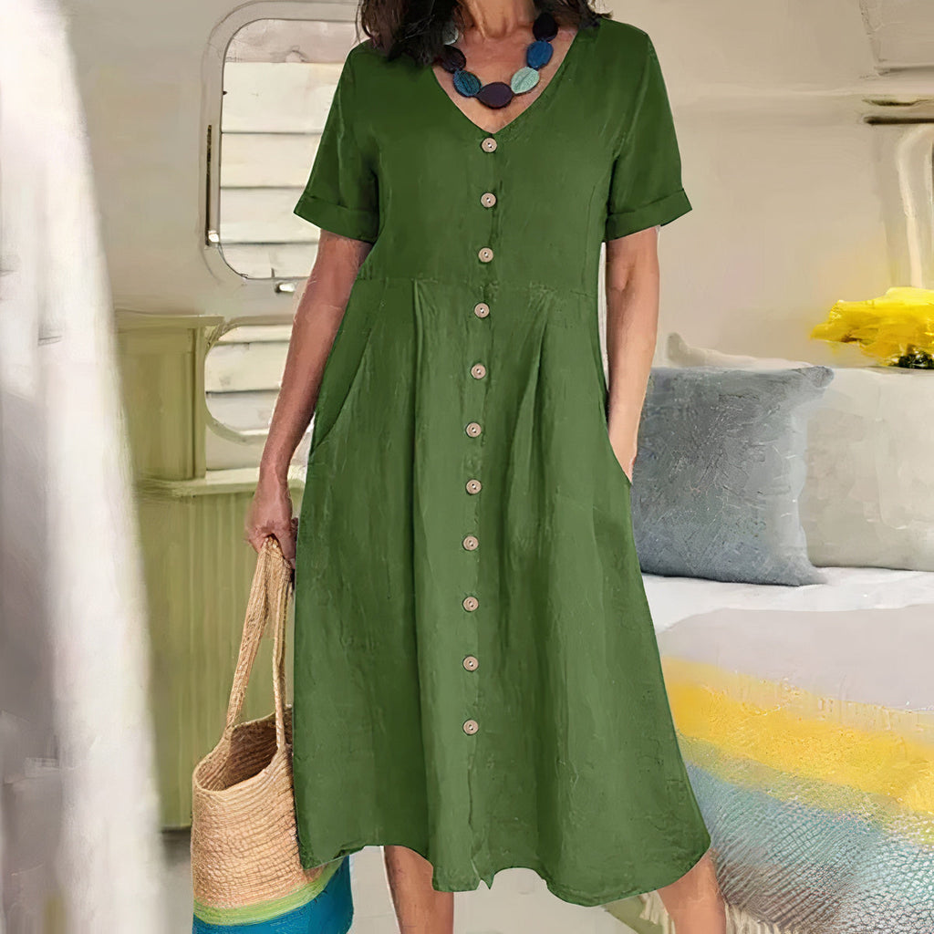V-Neck Button-Front Midi Dress for Women | Summer Casual