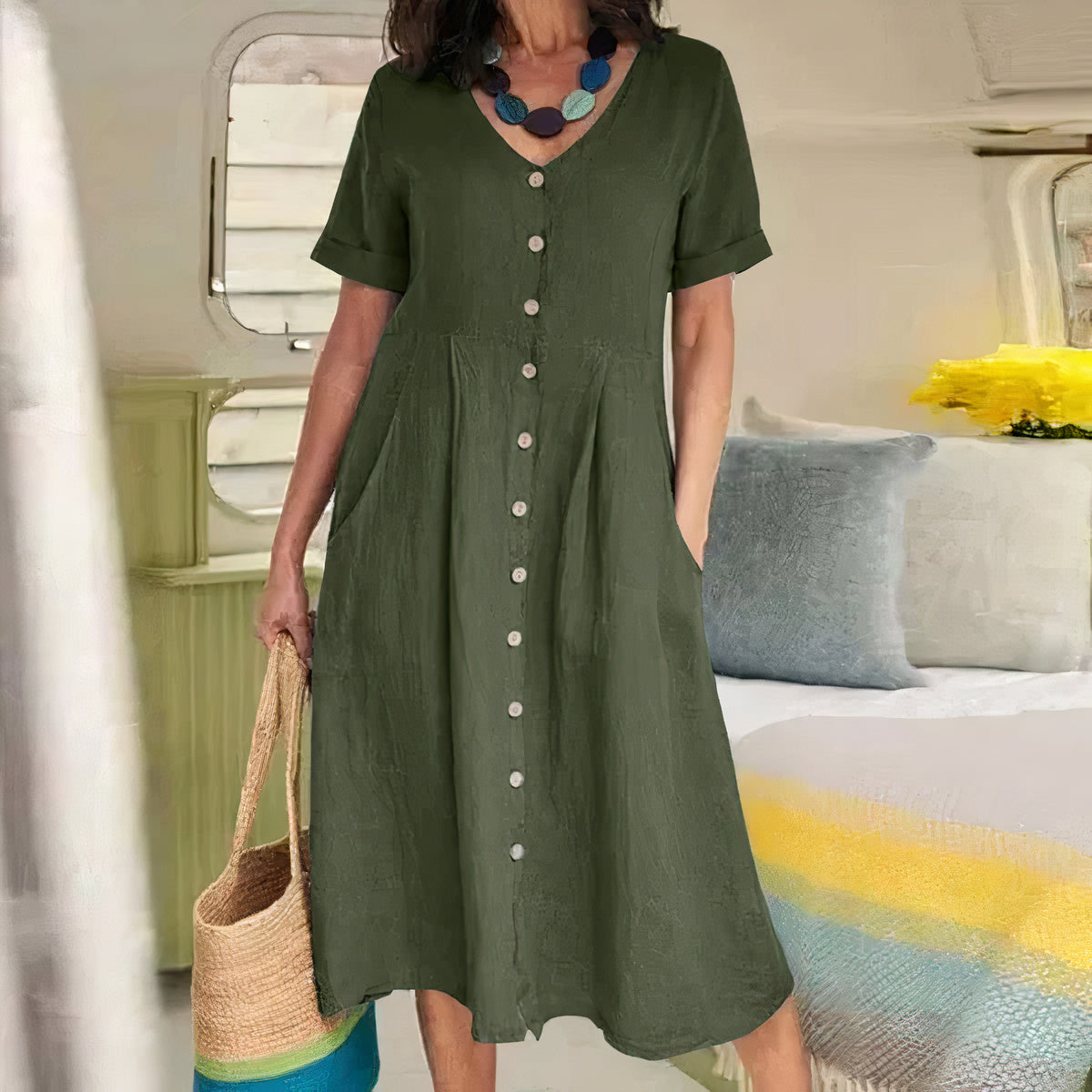 V-Neck Button-Front Midi Dress for Women | Summer Casual
