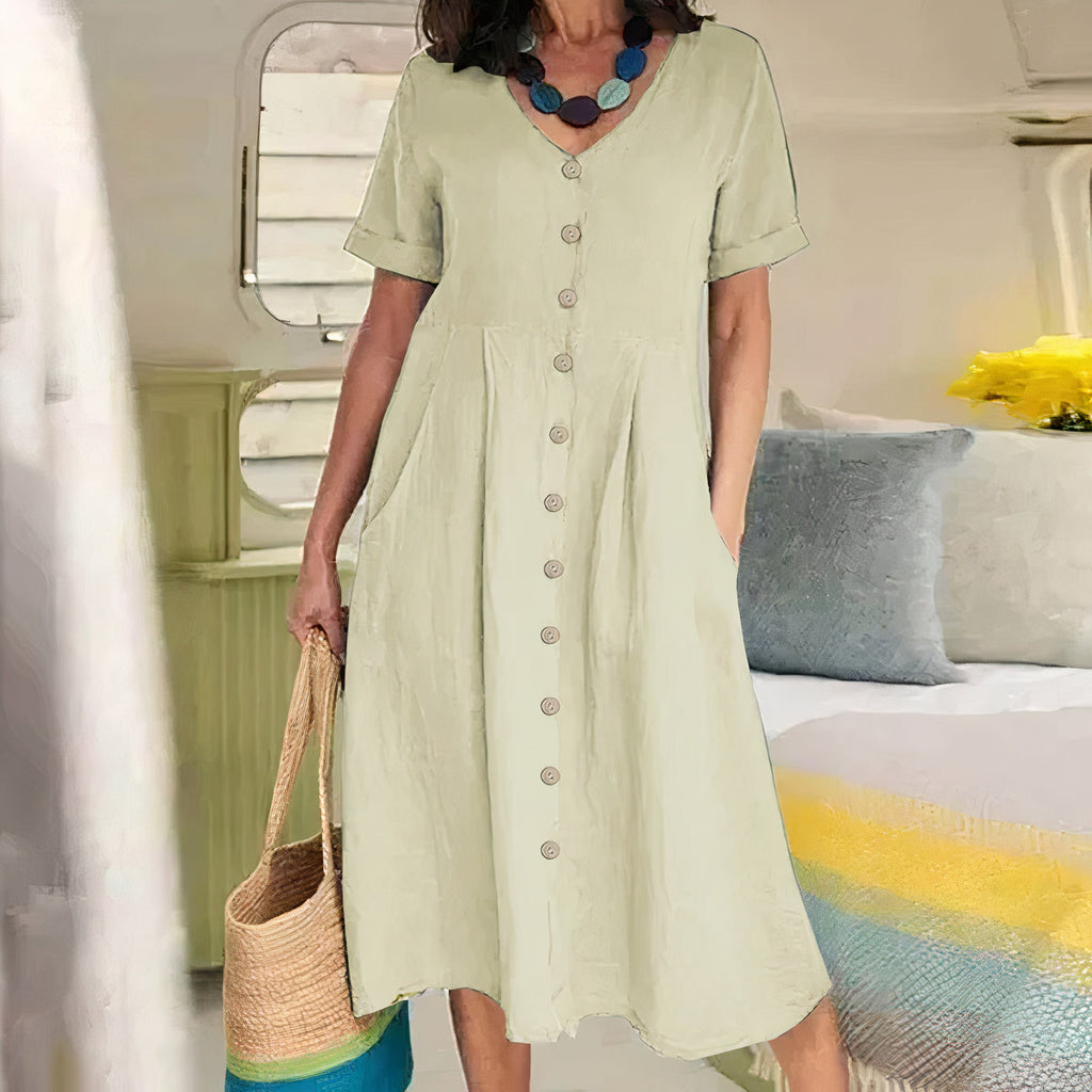 V-Neck Button-Front Midi Dress for Women | Summer Casual