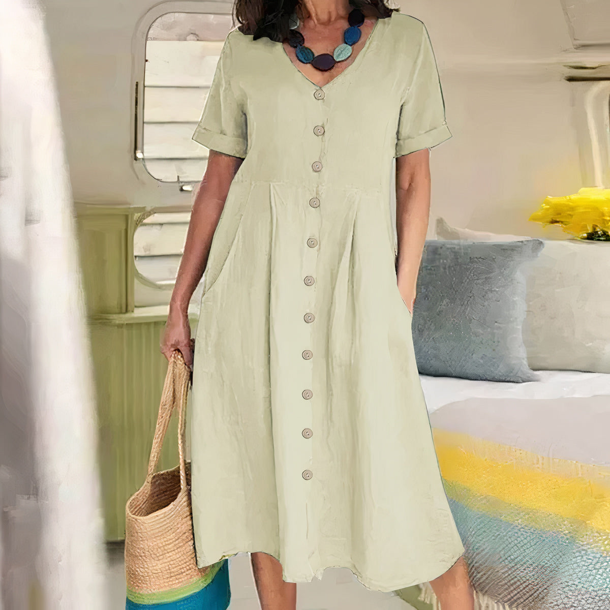 V-Neck Button-Front Midi Dress for Women | Summer Casual
