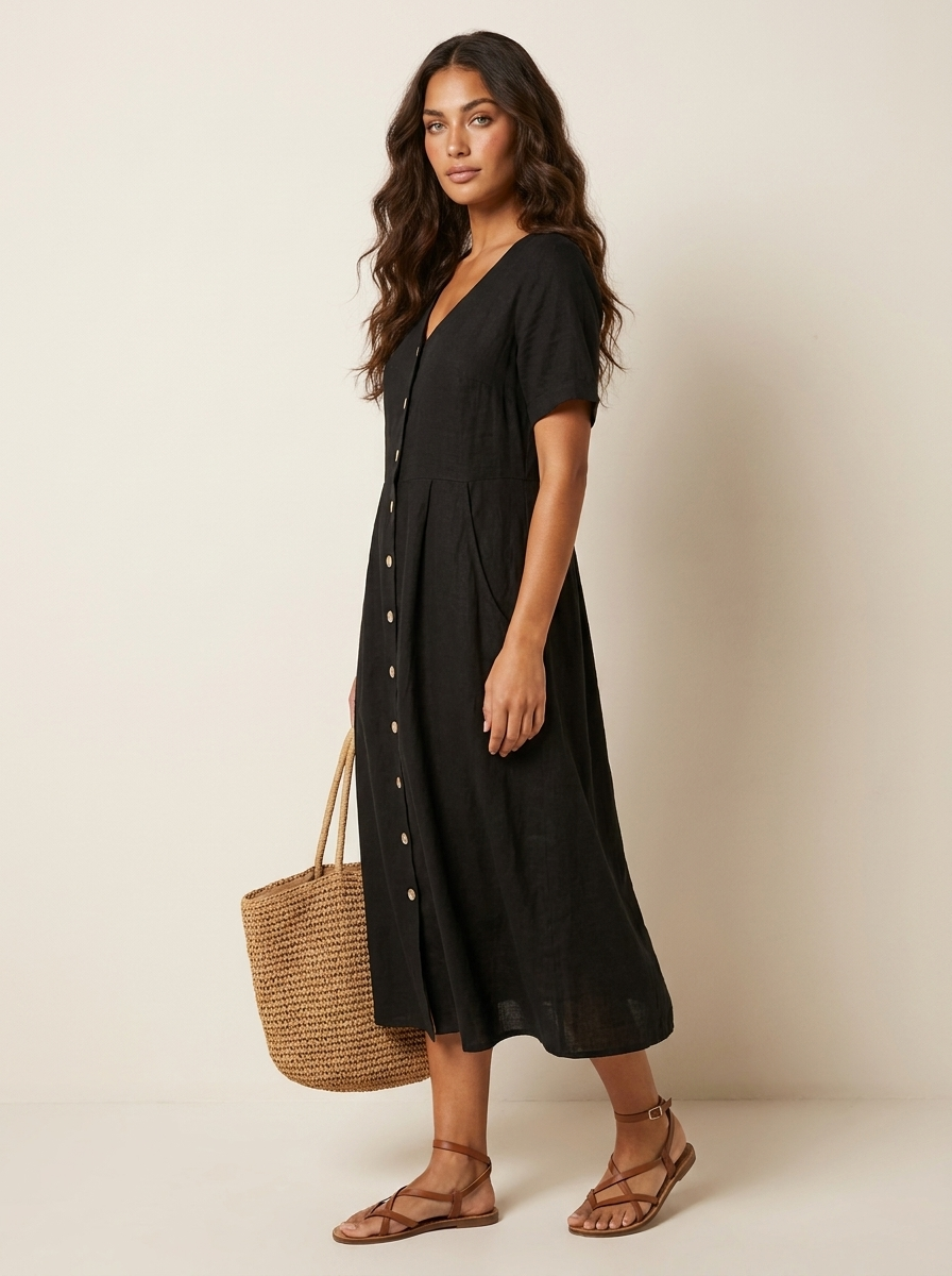 V-Neck Button-Front Midi Dress for Women | Summer Casual
