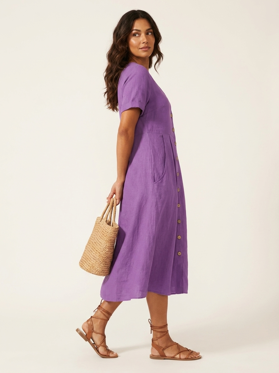 V-Neck Button-Front Midi Dress for Women | Summer Casual