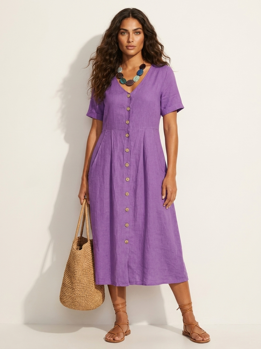 V-Neck Button-Front Midi Dress for Women | Summer Casual