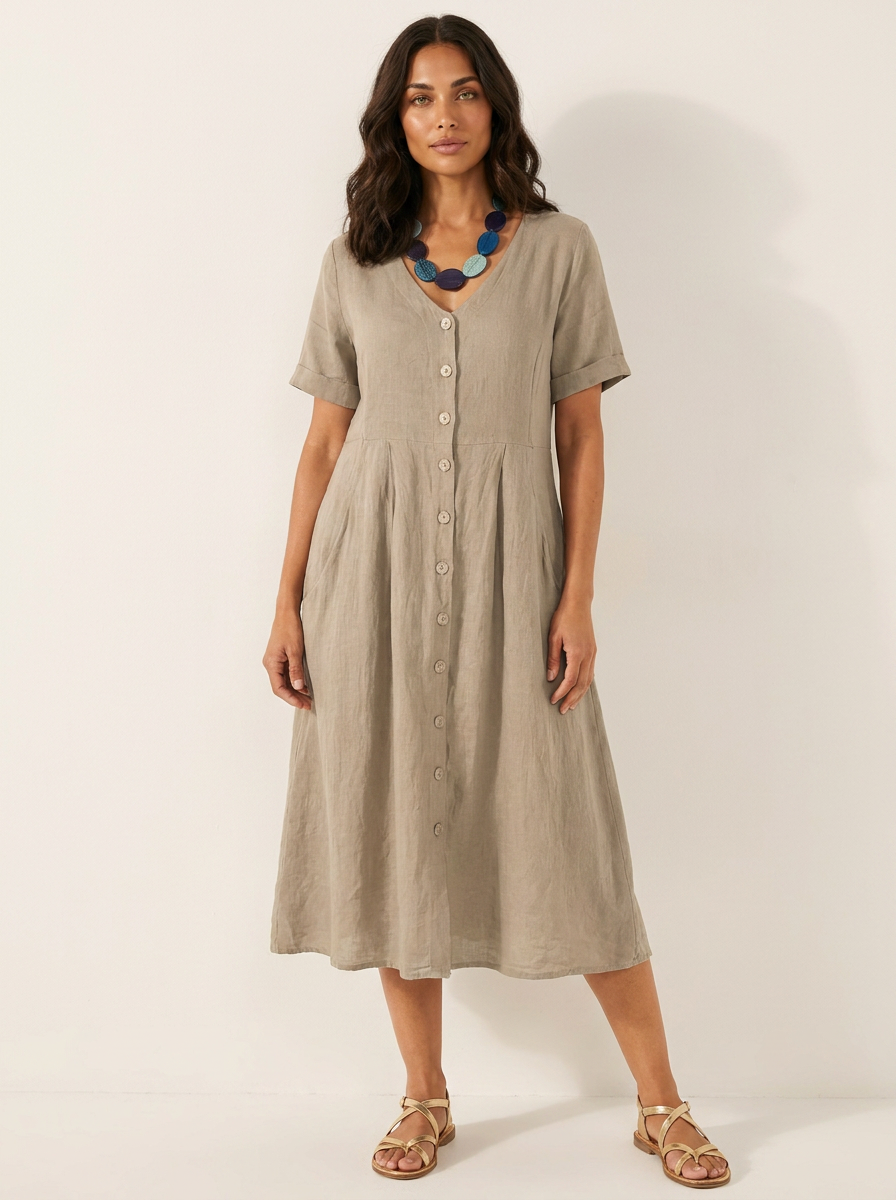 V-Neck Button-Front Midi Dress for Women | Summer Casual