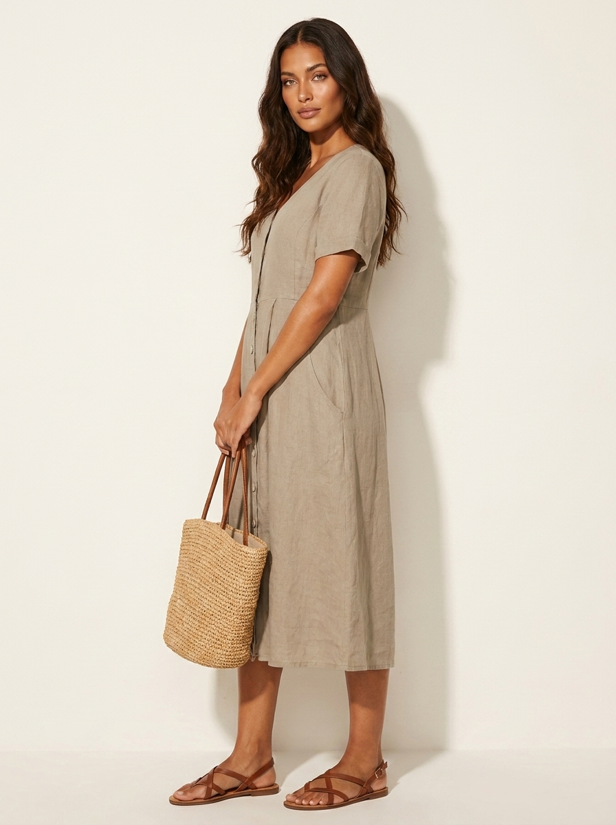 V-Neck Button-Front Midi Dress for Women | Summer Casual