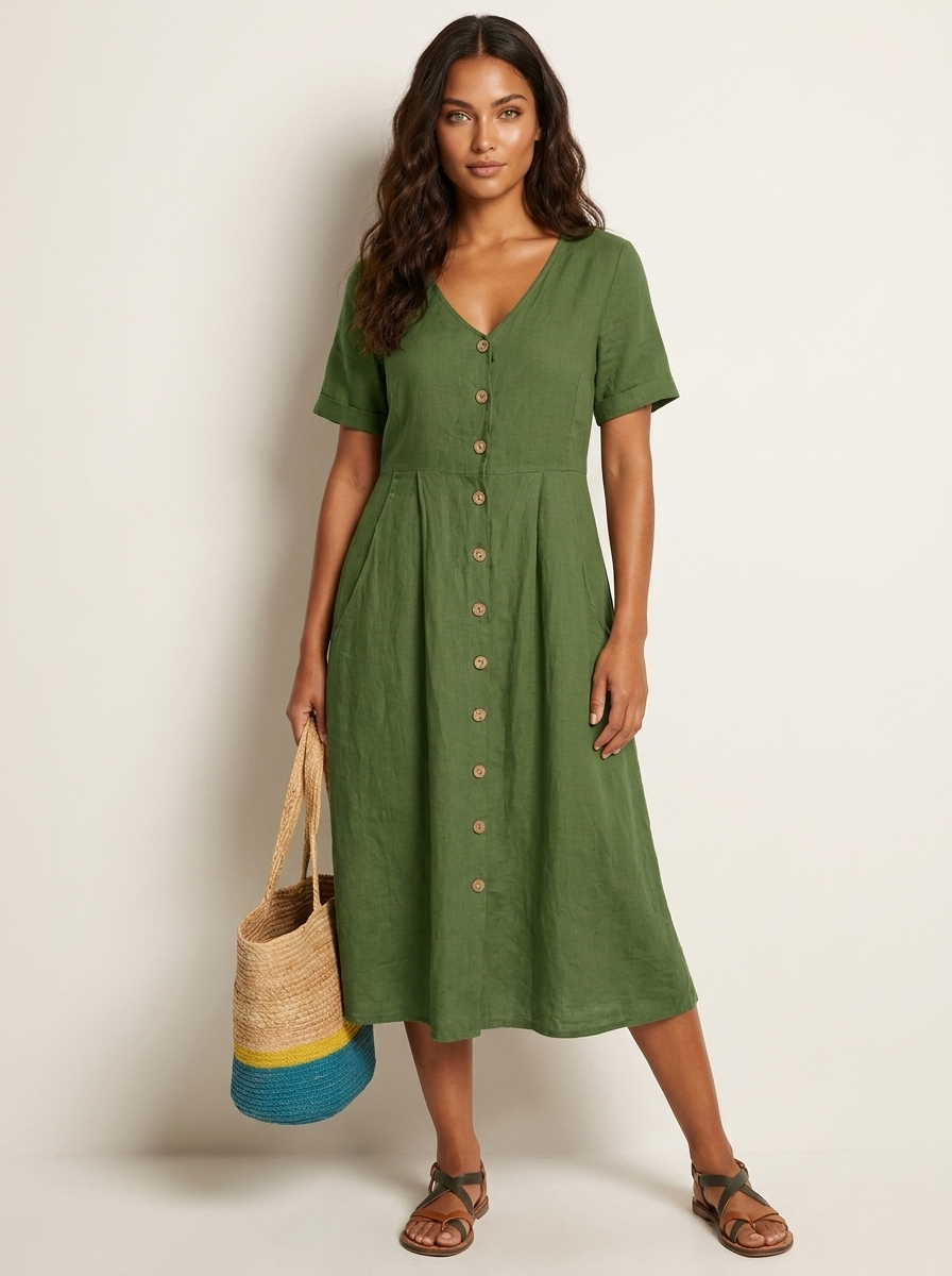 V-Neck Button-Front Midi Dress for Women | Summer Casual
