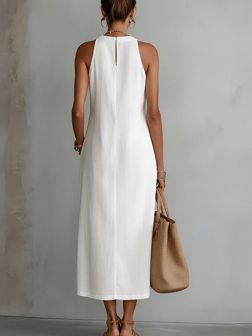 Lace Panel Relaxed Fit Midi Summer Dress with Side Slits and Pockets for Women