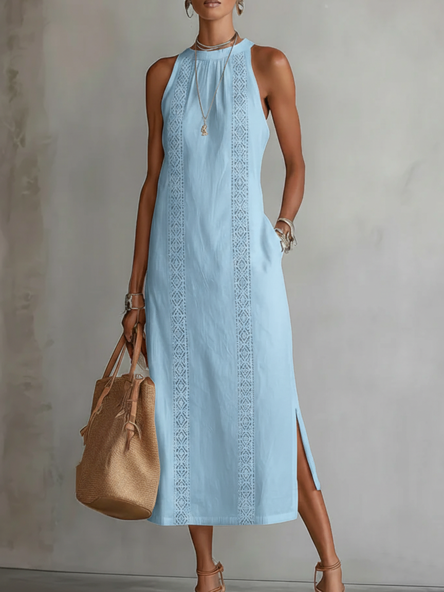 Lace Panel Relaxed Fit Midi Summer Dress with Side Slits and Pockets for Women