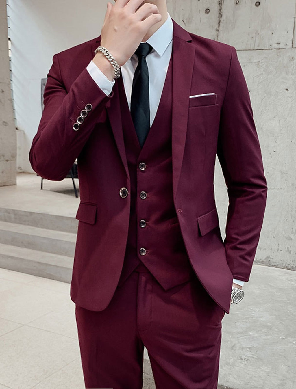 Formal Single Breasted Two Button 3 Piece Suit with Vest and Pants for Men