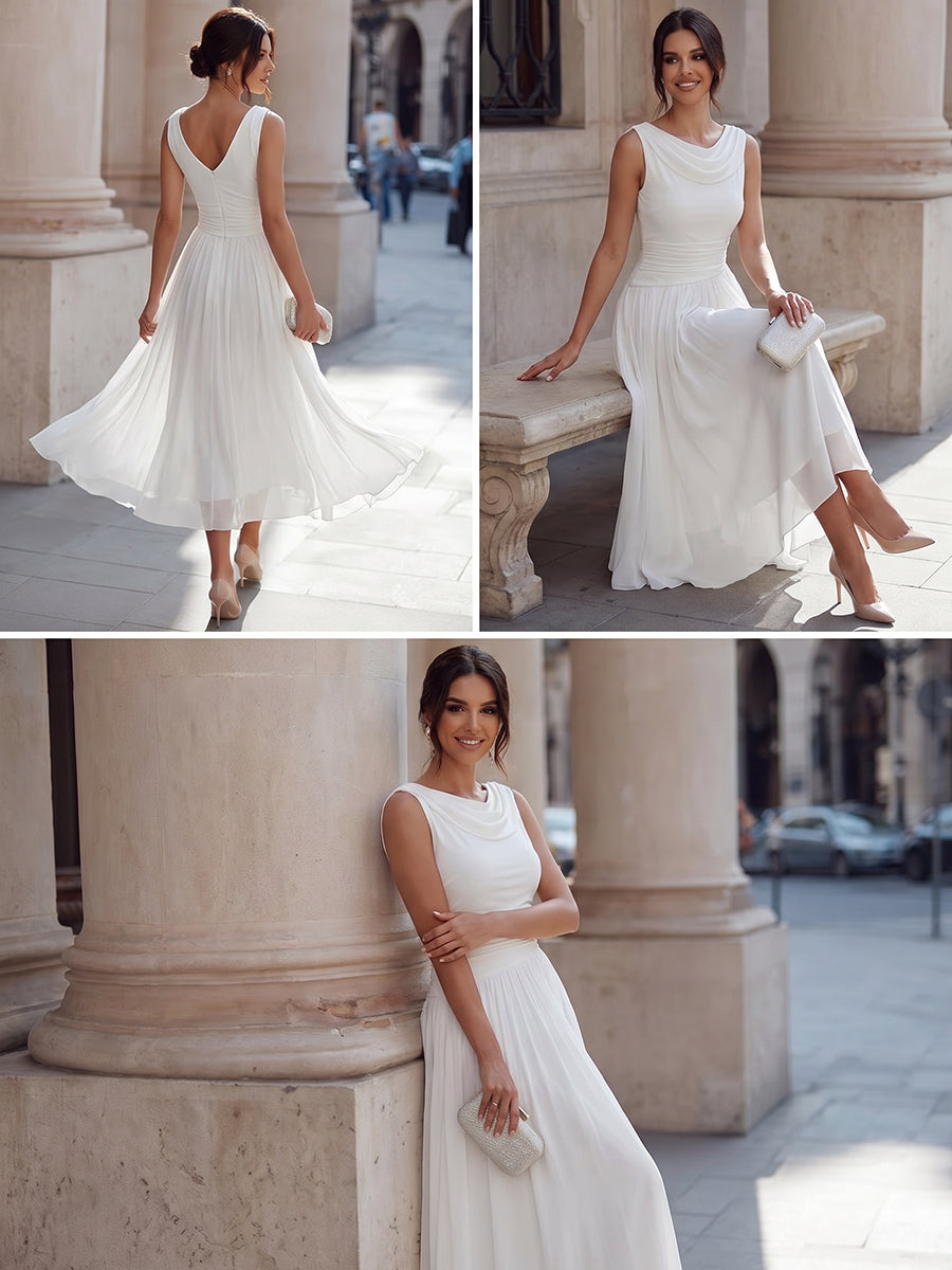 Draped Neck Sleeveless Pleated Midi Dress for Women | Occasion Wear