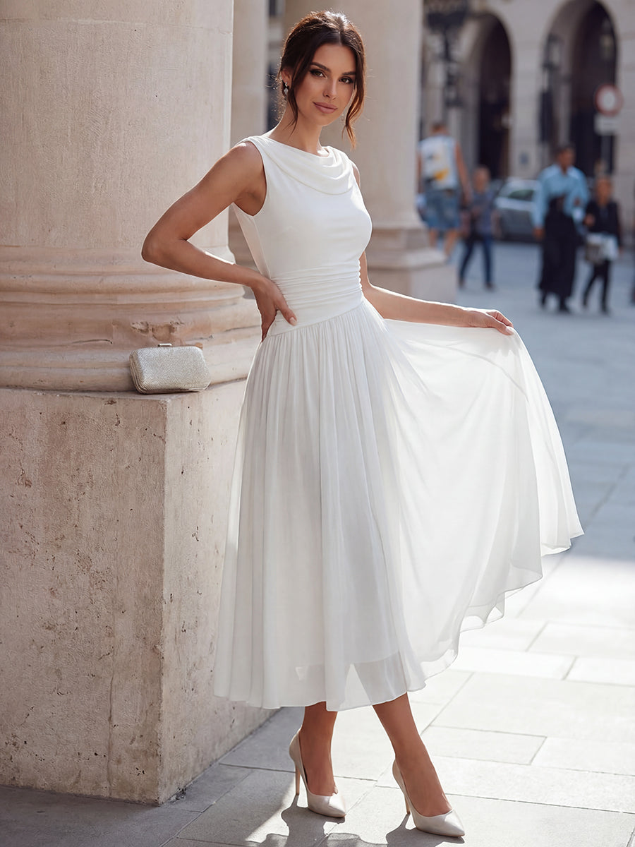 Draped Neck Sleeveless Pleated Midi Dress for Women | Occasion Wear