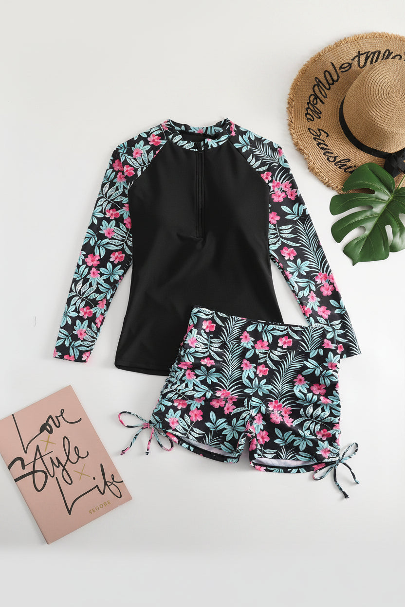 Tropical Print Rashguard Two-Piece Swimsuit for Women