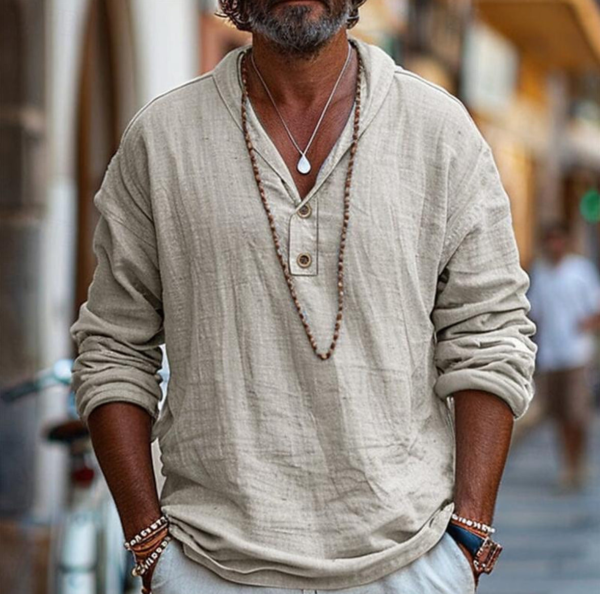 Blue Collarless V-Neck Long Sleeve Shirt for Men