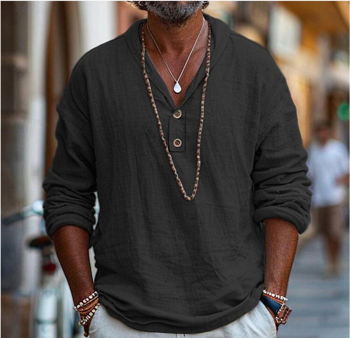 Blue Collarless V-Neck Long Sleeve Shirt for Men