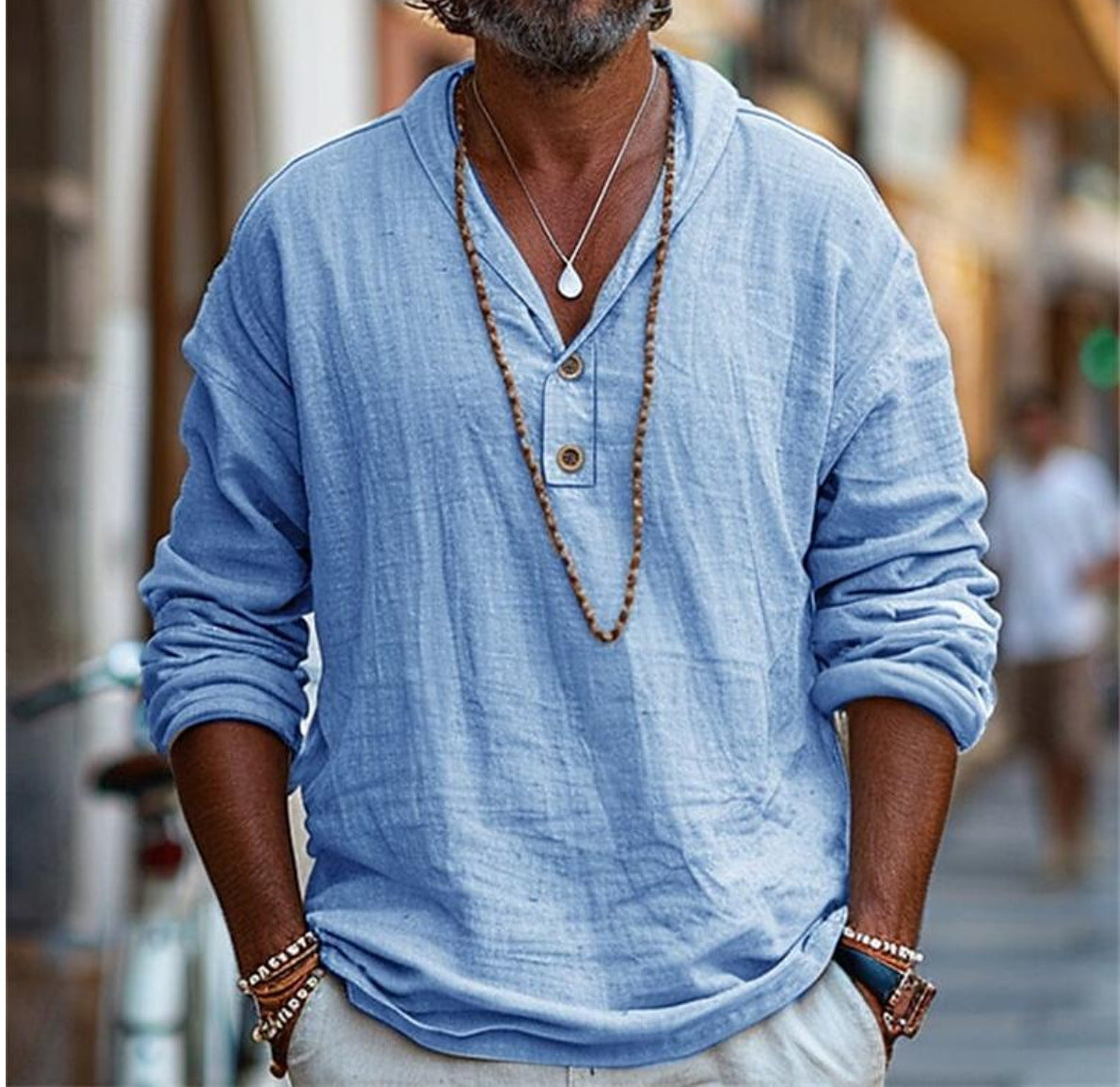 Blue Collarless V-Neck Long Sleeve Shirt for Men