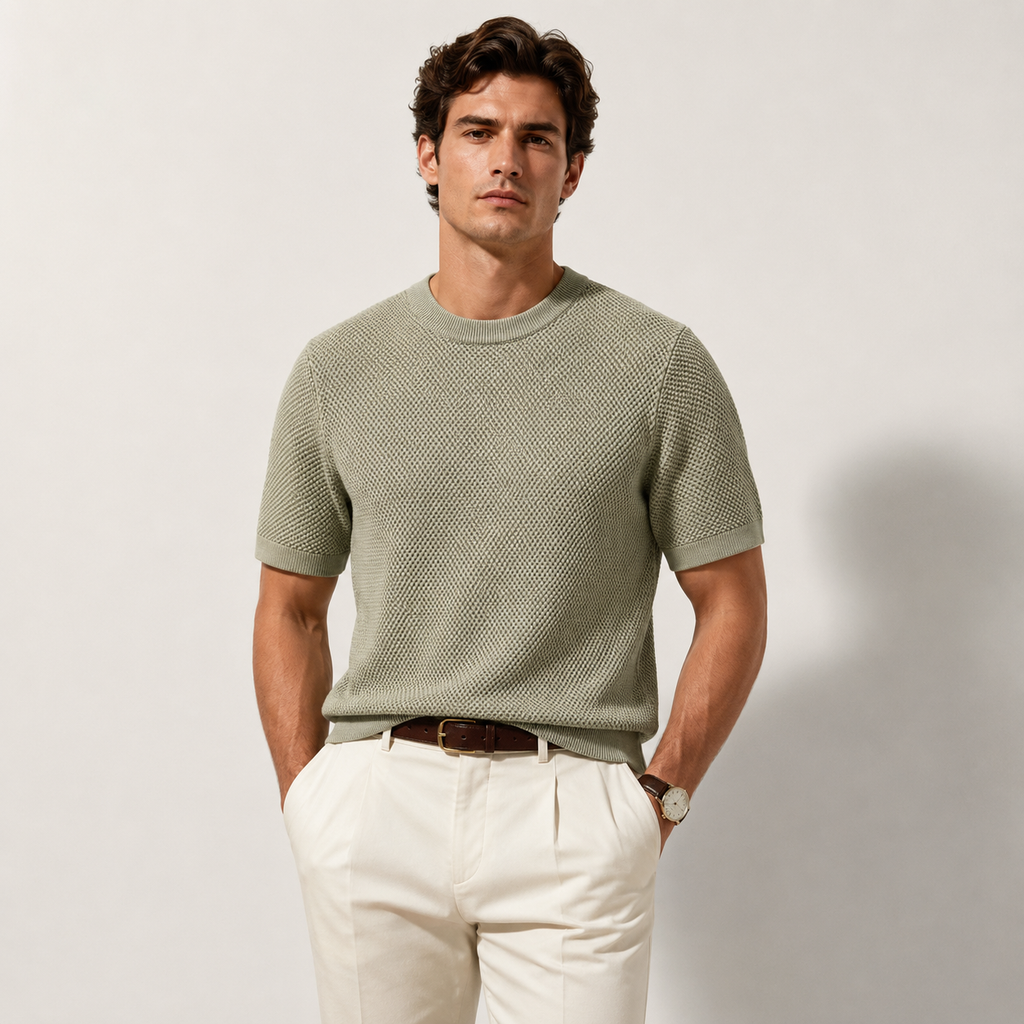Green Knitted Lightweight Textured Crewneck T-Shirt for Men