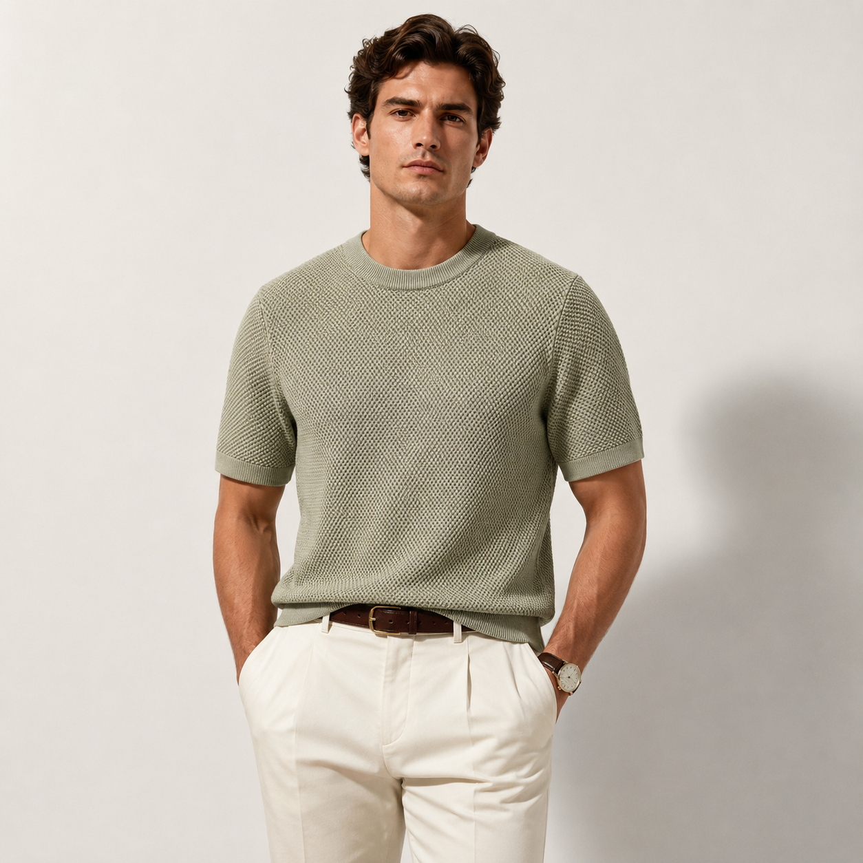 Green Knitted Lightweight Textured Crewneck T-Shirt for Men