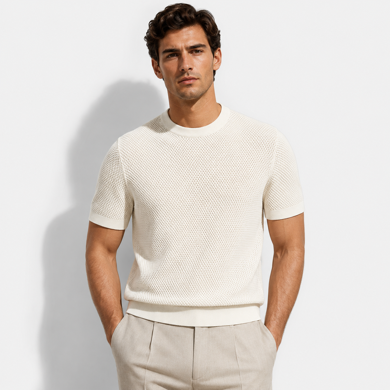 Green Knitted Lightweight Textured Crewneck T-Shirt for Men