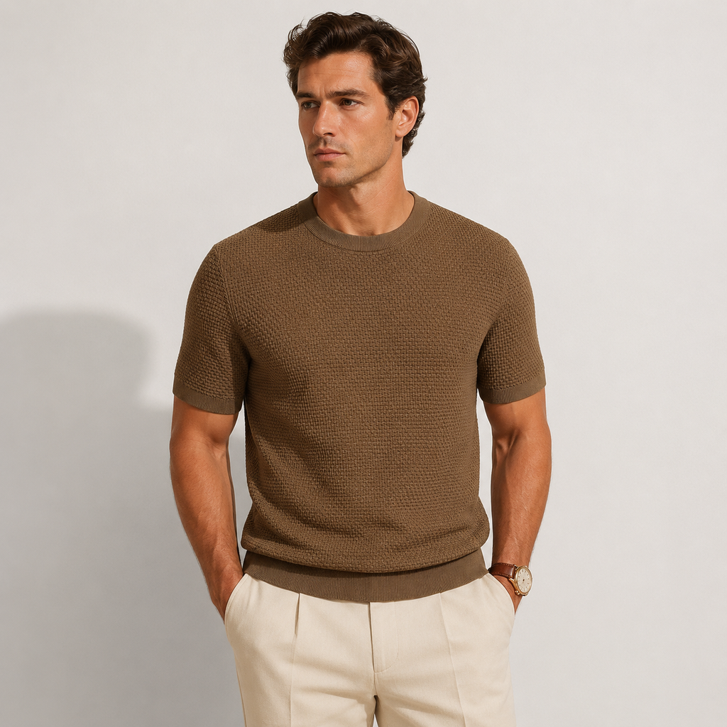 Green Knitted Lightweight Textured Crewneck T-Shirt for Men