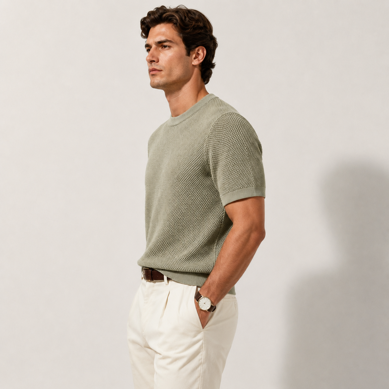 Green Knitted Lightweight Textured Crewneck T-Shirt for Men