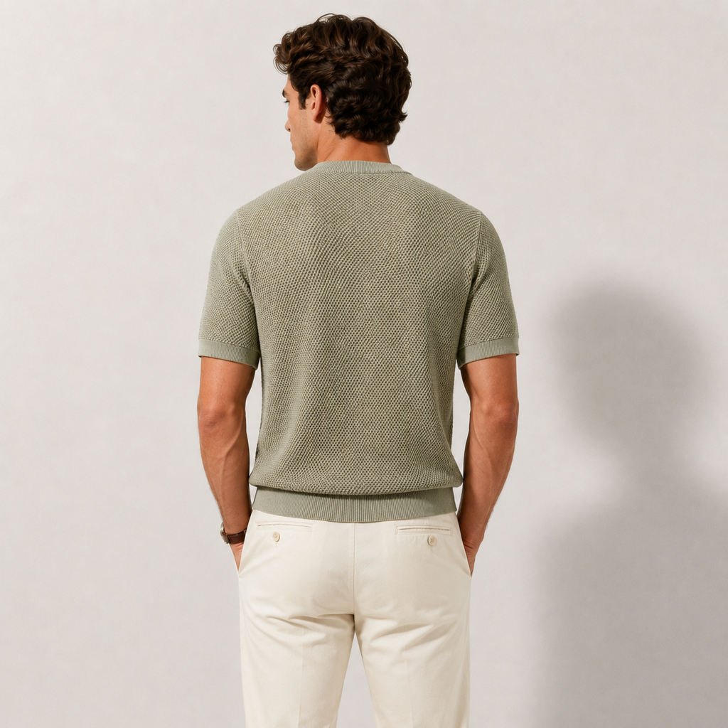 Green Knitted Lightweight Textured Crewneck T-Shirt for Men