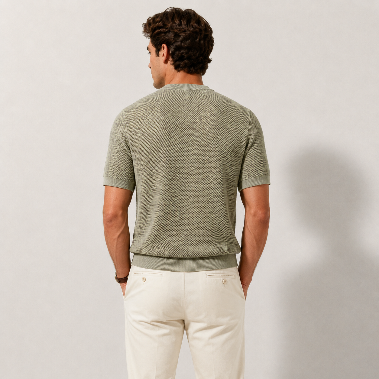 Green Knitted Lightweight Textured Crewneck T-Shirt for Men