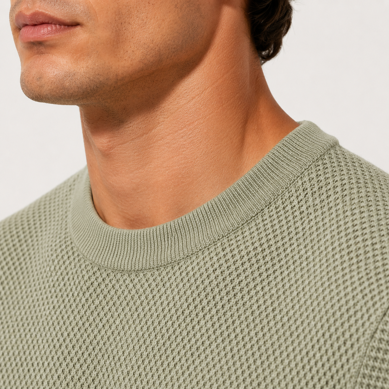 Green Knitted Lightweight Textured Crewneck T-Shirt for Men