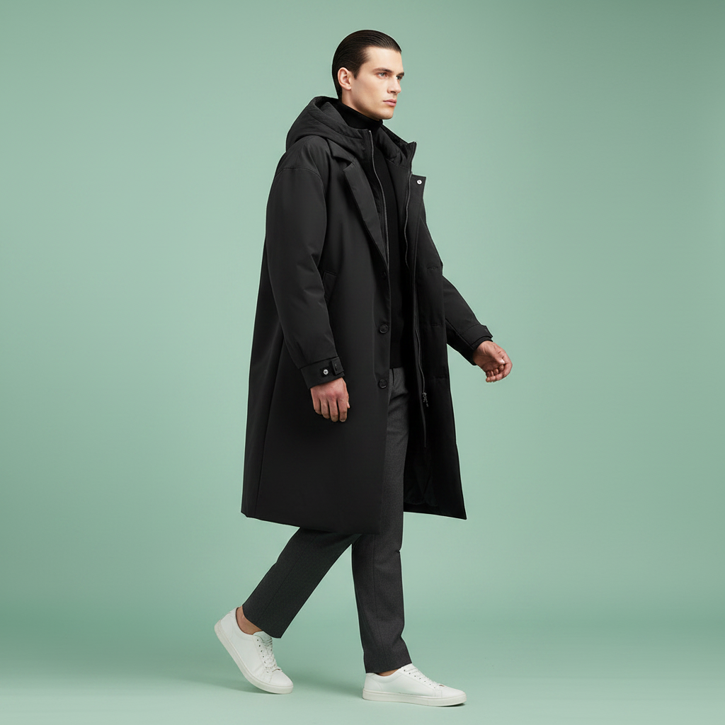 Waterproof Hooded Long Trench Coat with Zip and Button Closure for Men