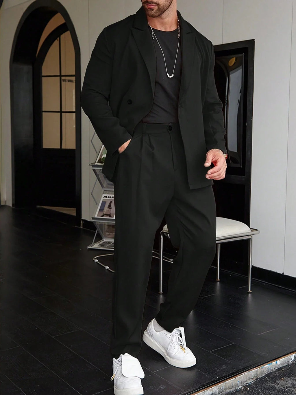 Slim Fit Two Piece Business Suit Set with Blazer and Straight Leg Pants for Men