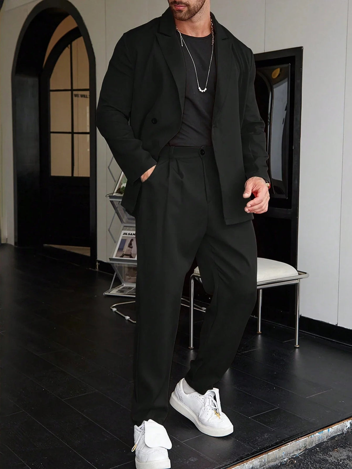 Slim Fit Two Piece Business Suit Set with Blazer and Straight Leg Pants for Men