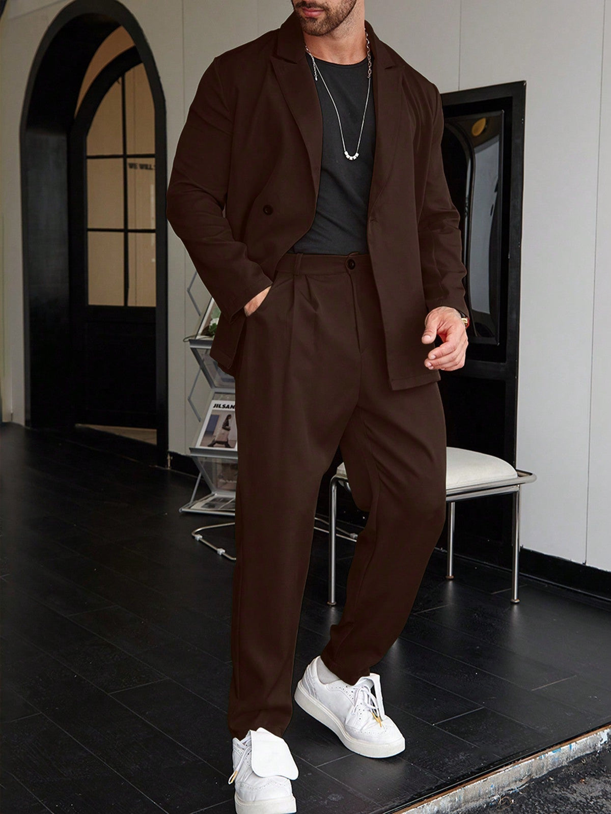 Slim Fit Two Piece Business Suit Set with Blazer and Straight Leg Pants for Men
