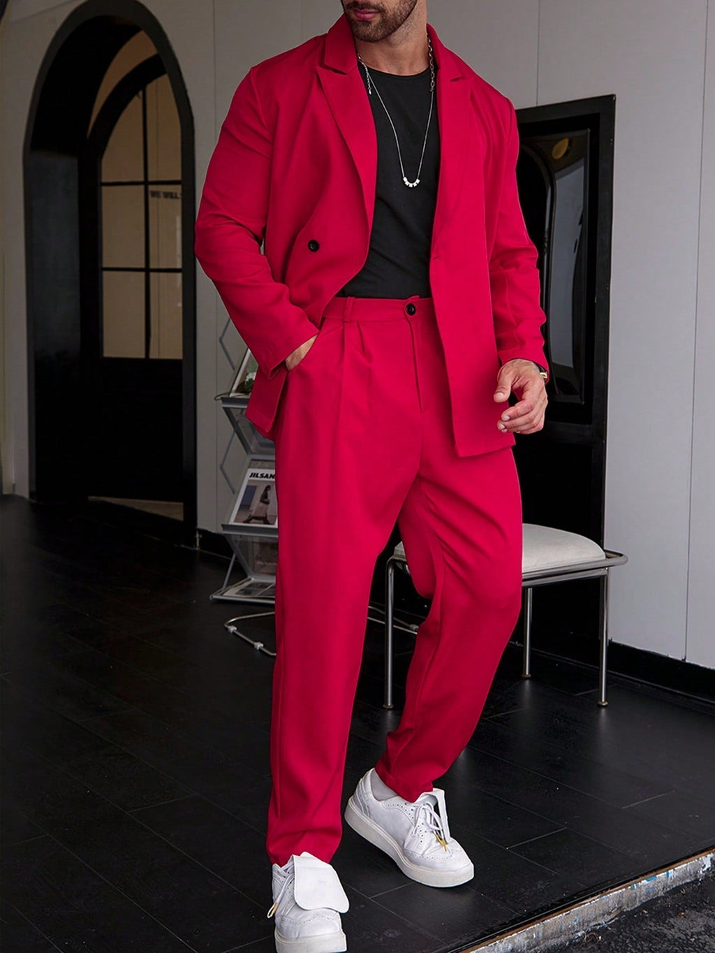 Slim Fit Two Piece Business Suit Set with Blazer and Straight Leg Pants for Men
