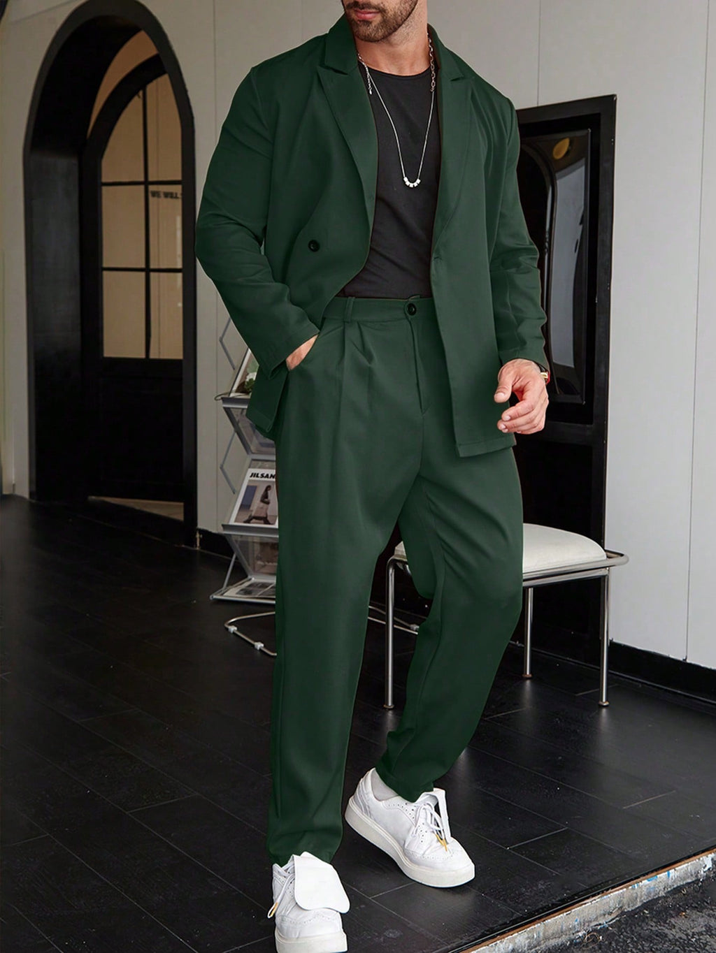 Slim Fit Two Piece Business Suit Set with Blazer and Straight Leg Pants for Men
